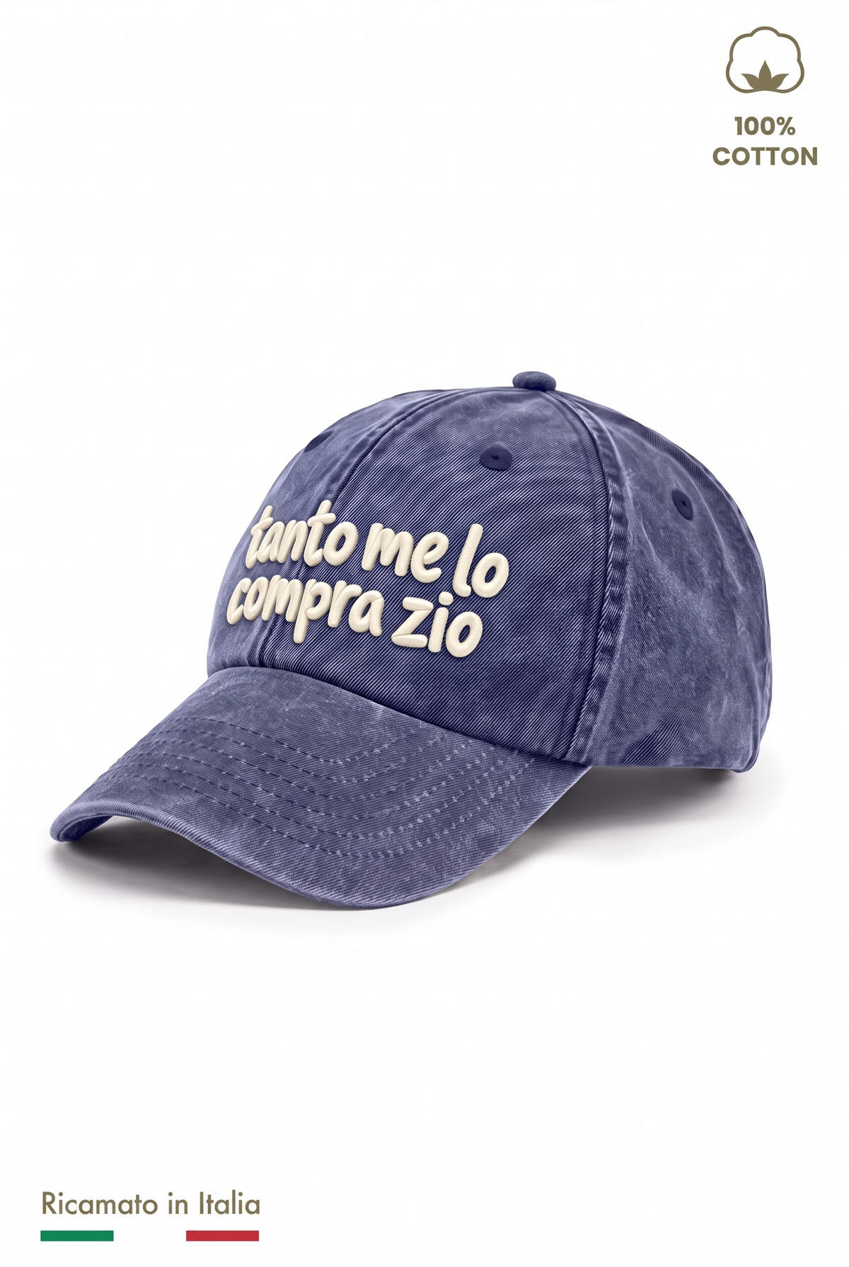 Cappellino vintage bambino blu navy con ricamo panna "Tanto me lo compra zio" - vista laterale