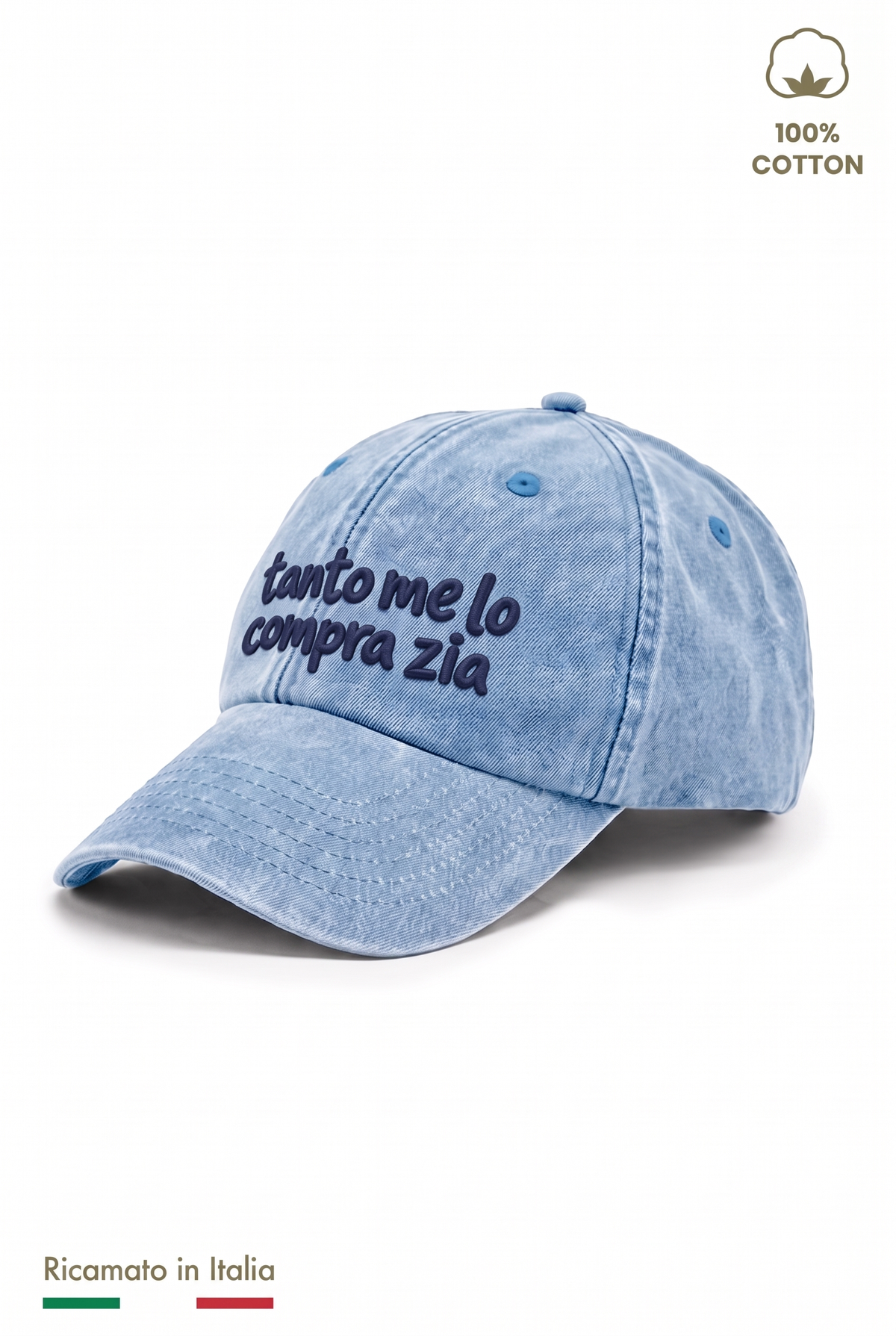 Cappellino vintage bambino azzurro denim con ricamo blu scuro "Tanto me lo compra zia" - vista laterale