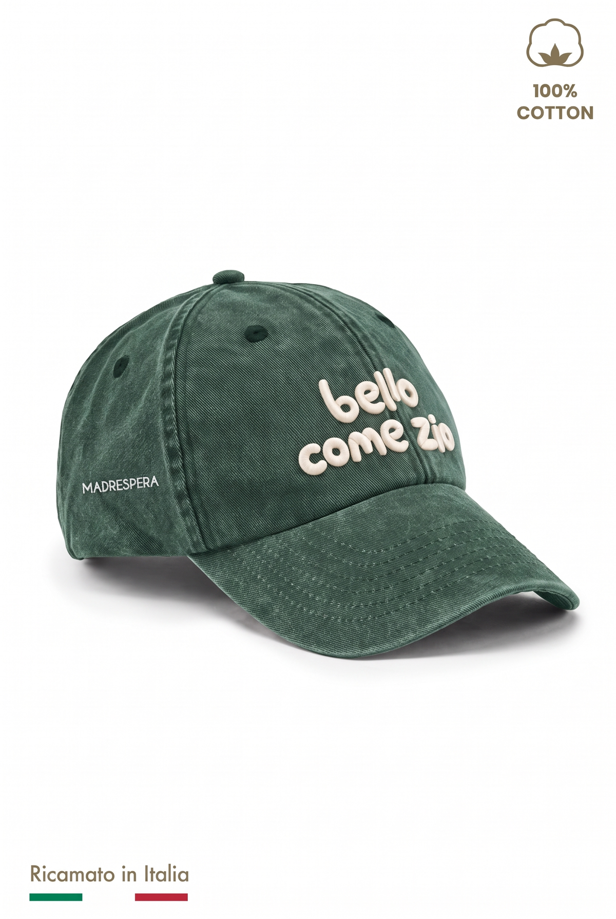 Cappellino vintage bambino verde con ricamo panna "Bello come zio" - vista laterale con logo MADRESPERA