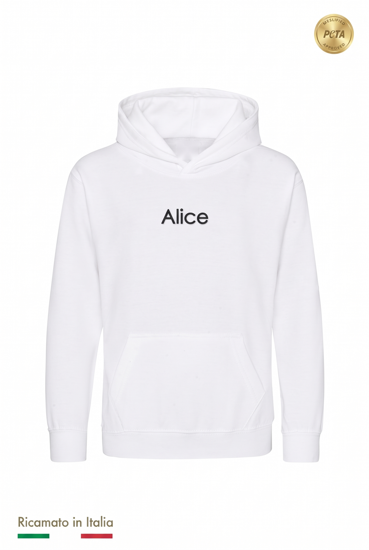 Felpa con cappuccio bianca con il nome Alice ricamato in filo nero