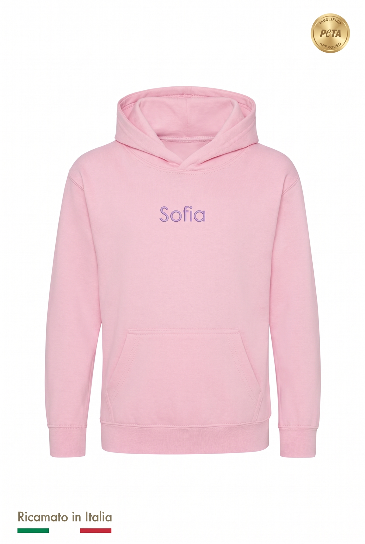 Felpa con cappuccio rosa con il nome Sofia ricamato in filo lilla