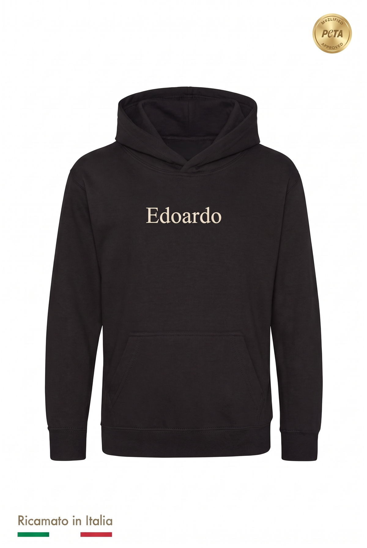 Felpa con cappuccio nera con il nome Edoardo ricamato in filo panna