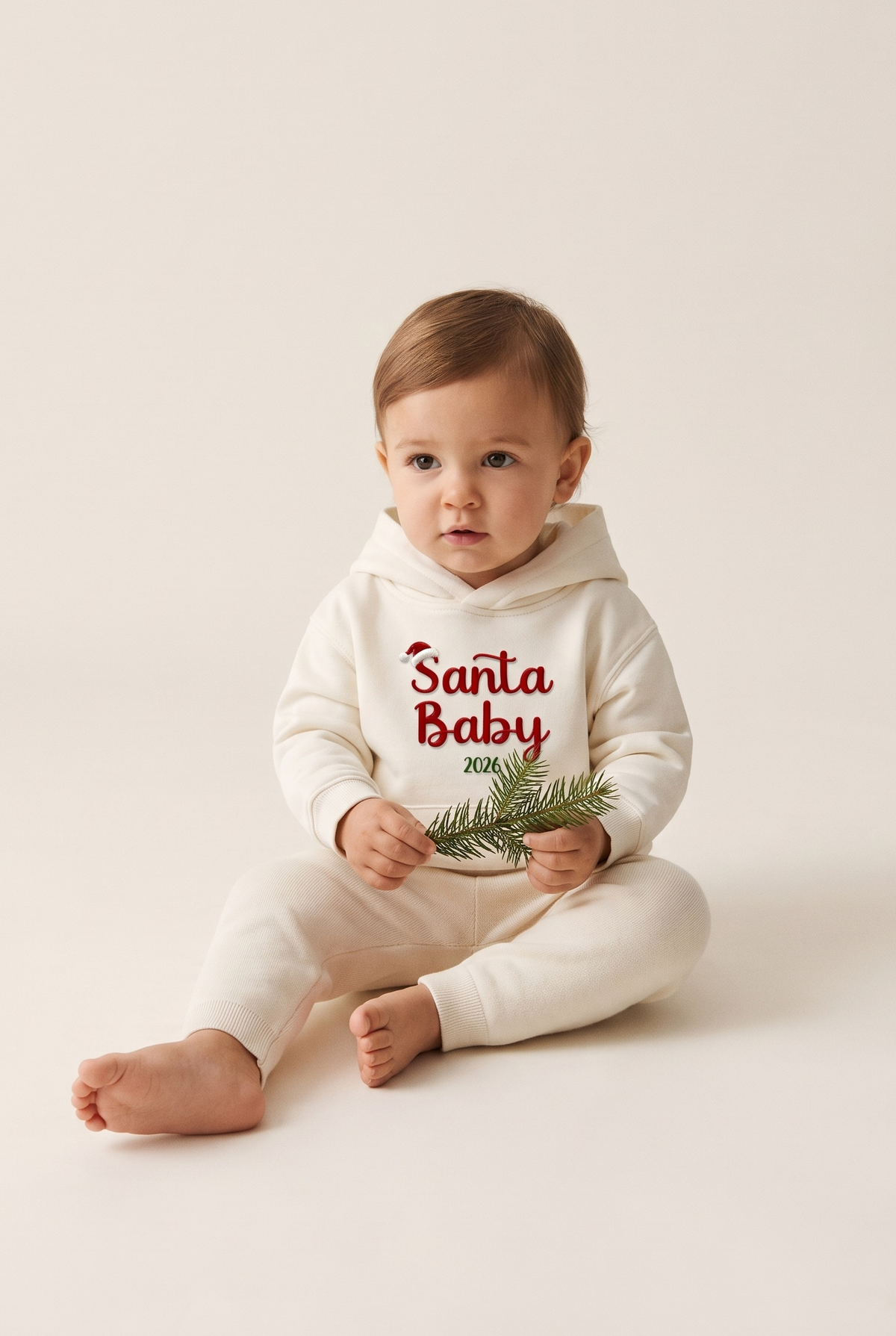 Felpa neonato panna con ricamo rosso "Santa Baby 2026", foto indossata - Capsule Natale MADRESPERA