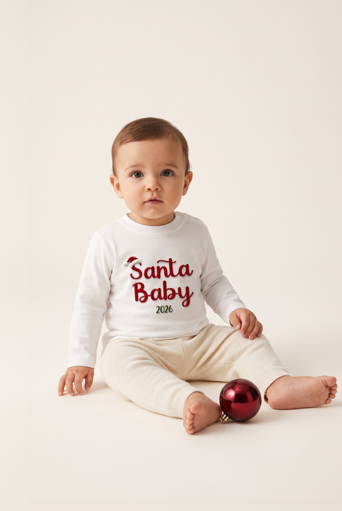 Maglia manica lunga neonato bianca con ricamo rosso "Santa Baby 2026", foto indossata - Capsule Natale MADRESPERA