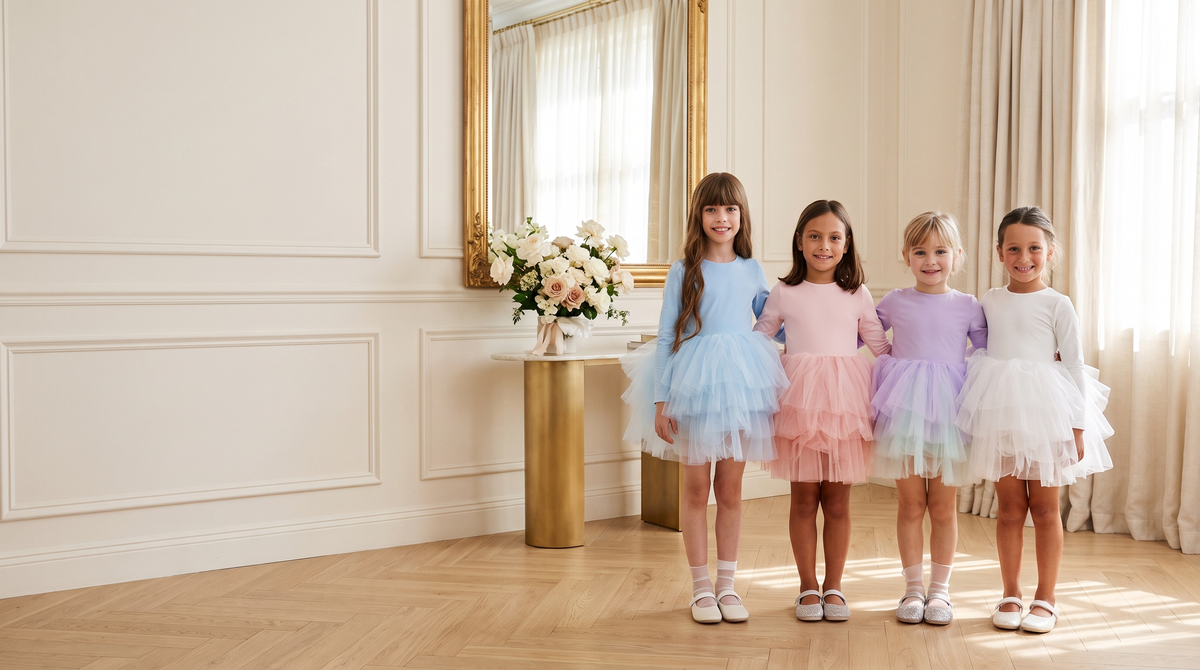 Bambine con abiti tutù MADRESPERA azzurro, rosa, glicine e bianco in un salotto crema