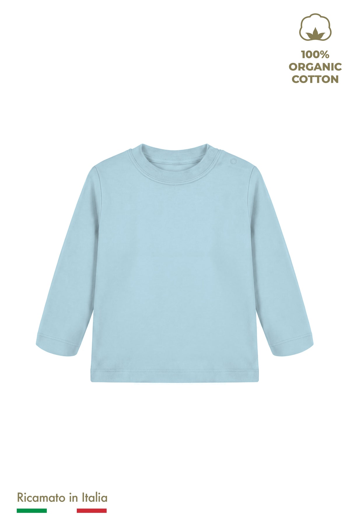 Maglia manica lunga neonato personalizzata con ricamo, colore azzurro polvere, fronte