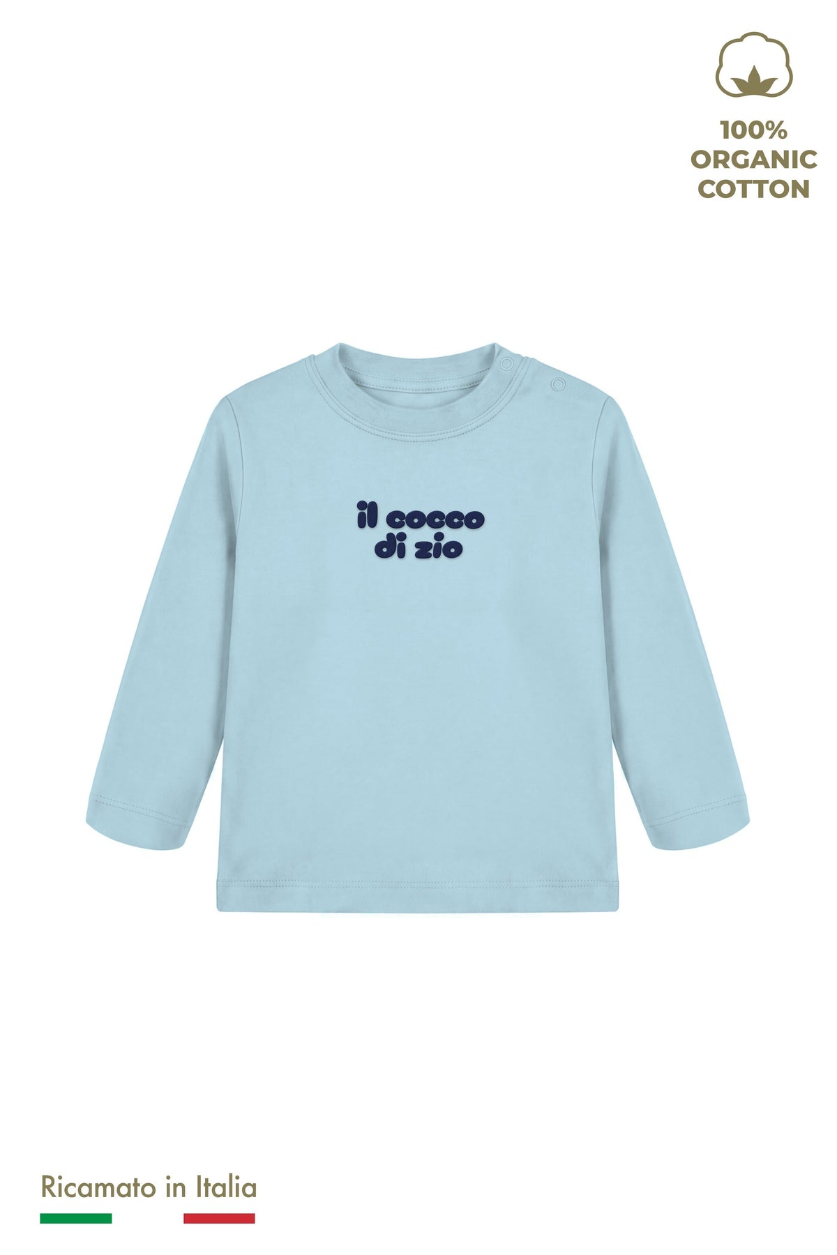 Maglia manica lunga neonato azzurro polvere con ricamo blu navy "il cocco di zio", vista frontale
