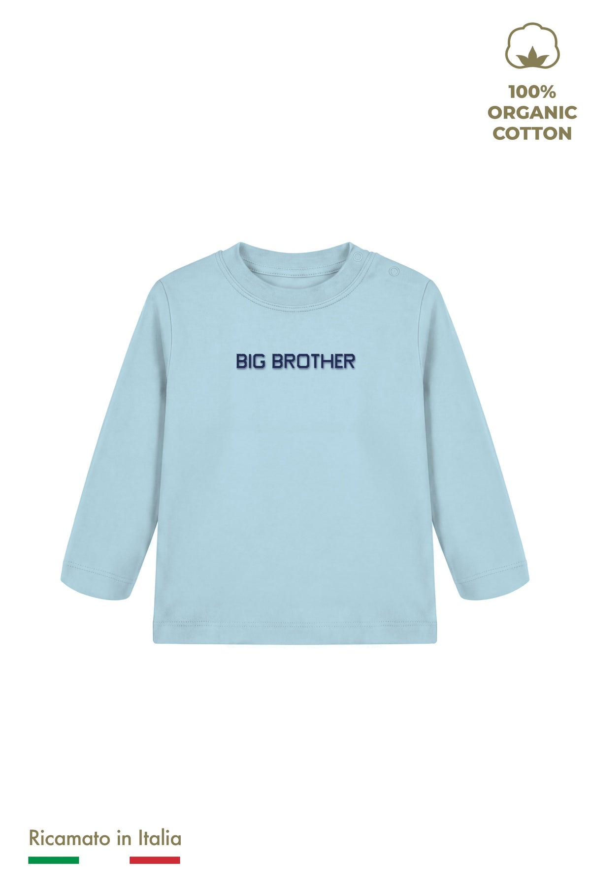 Maglia manica lunga neonato azzurro polvere con ricamo blu navy "BIG BROTHER", vista frontale