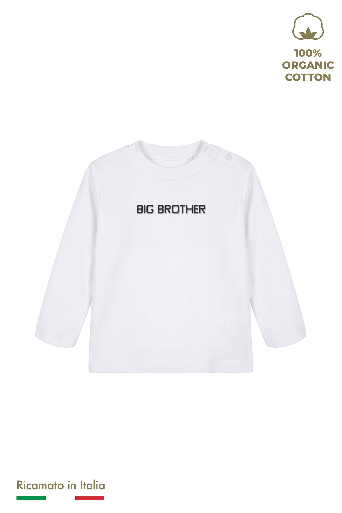 Maglia manica lunga neonato bianca con ricamo nero "BIG BROTHER", vista frontale