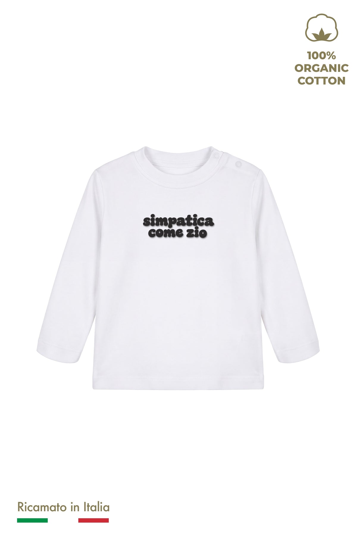 Maglia manica lunga neonata bianca con ricamo nero "simpatica come zio", vista frontale