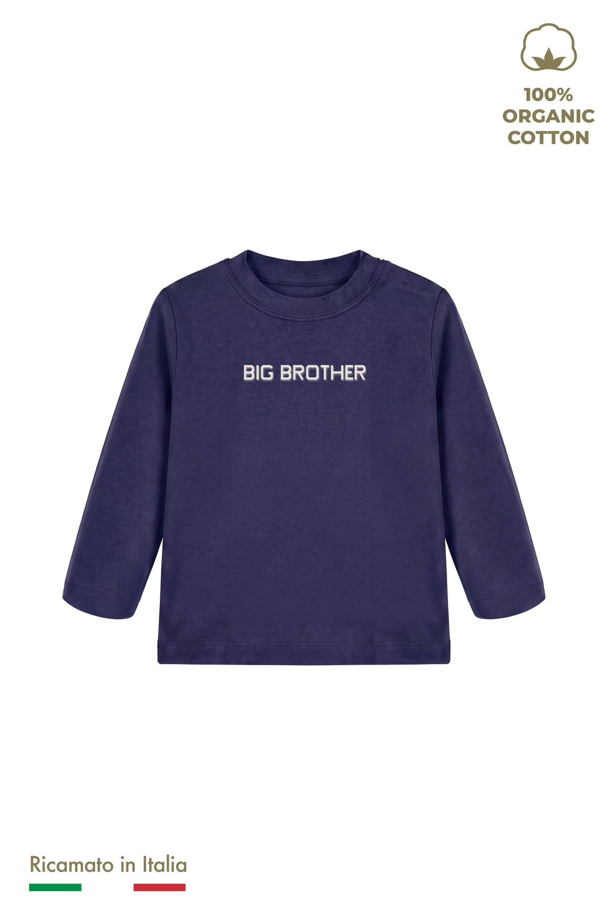Maglia manica lunga neonato blu navy con ricamo panna "BIG BROTHER", vista frontale