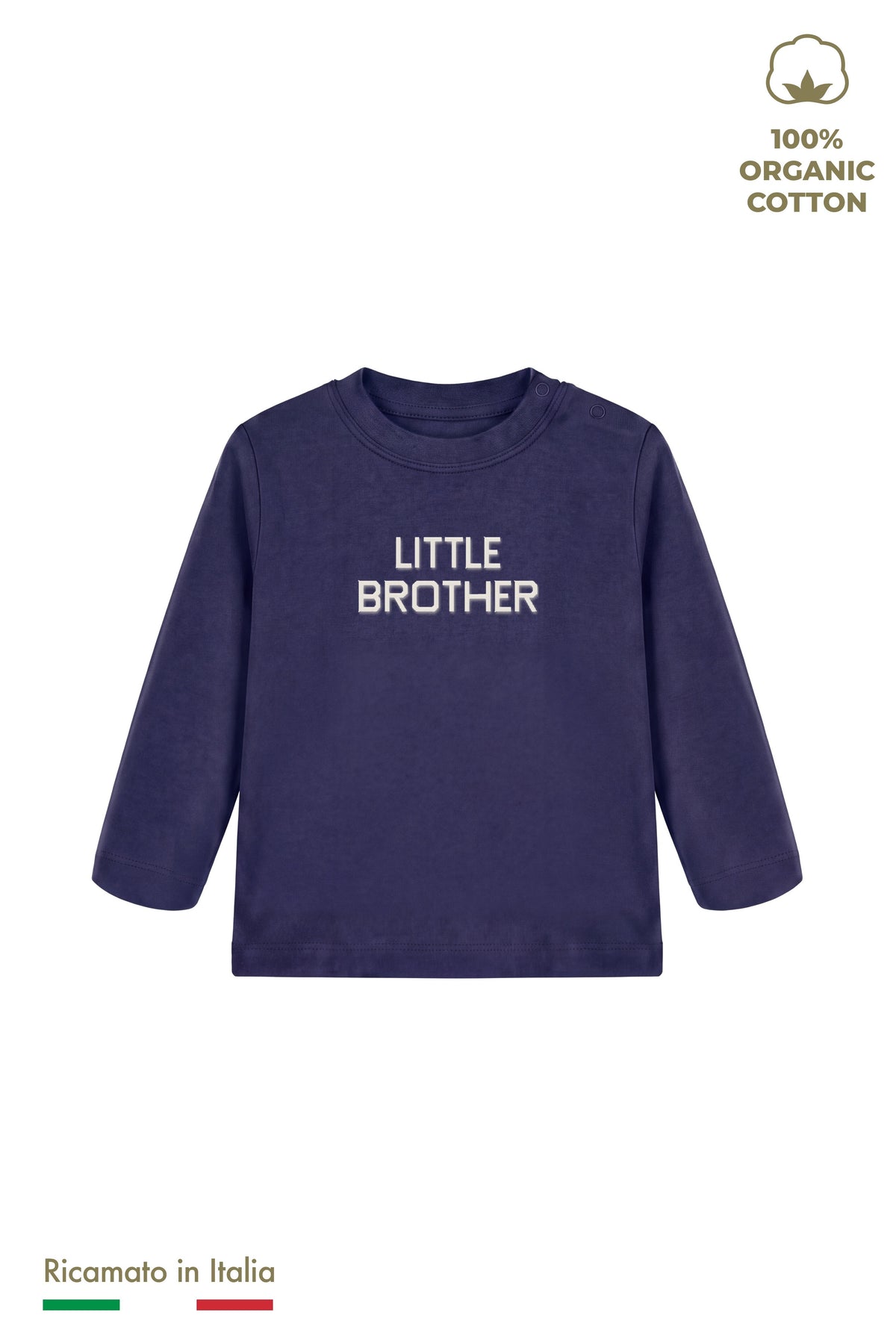 Maglia manica lunga neonato blu navy con ricamo panna "LITTLE BROTHER", vista frontale