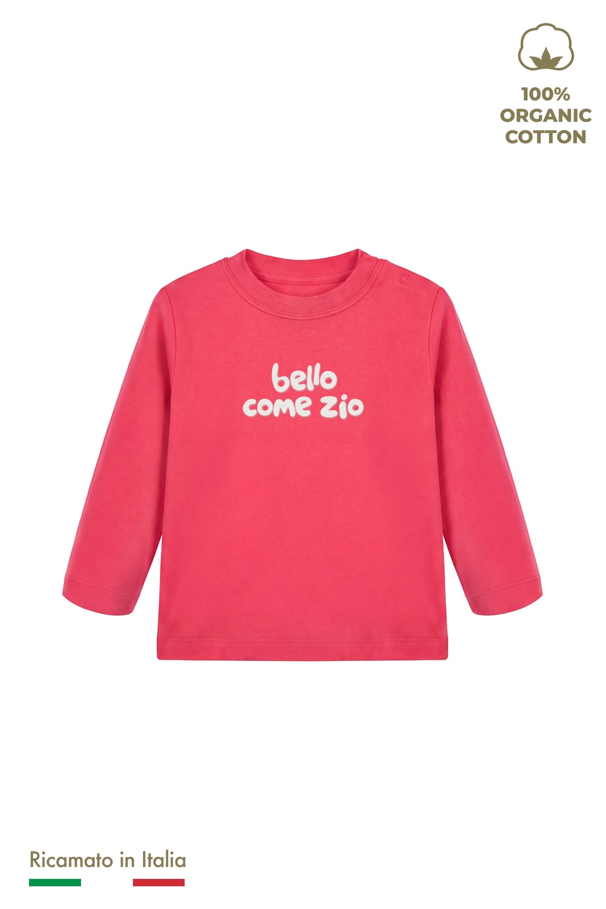 Maglia manica lunga neonato rossa con ricamo bianco "bello come zio", vista frontale