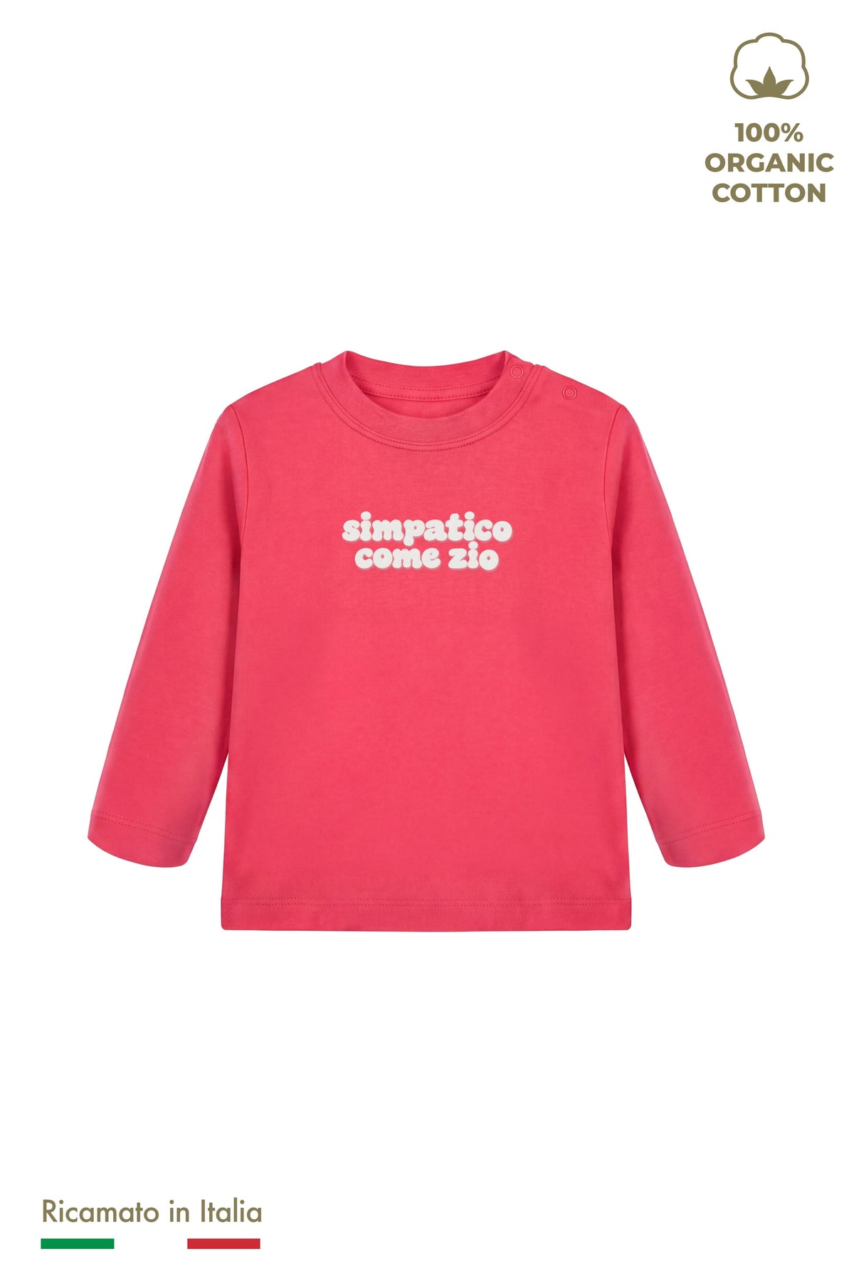 Maglia manica lunga neonato rossa con ricamo bianco "simpatico come zio", vista frontale
