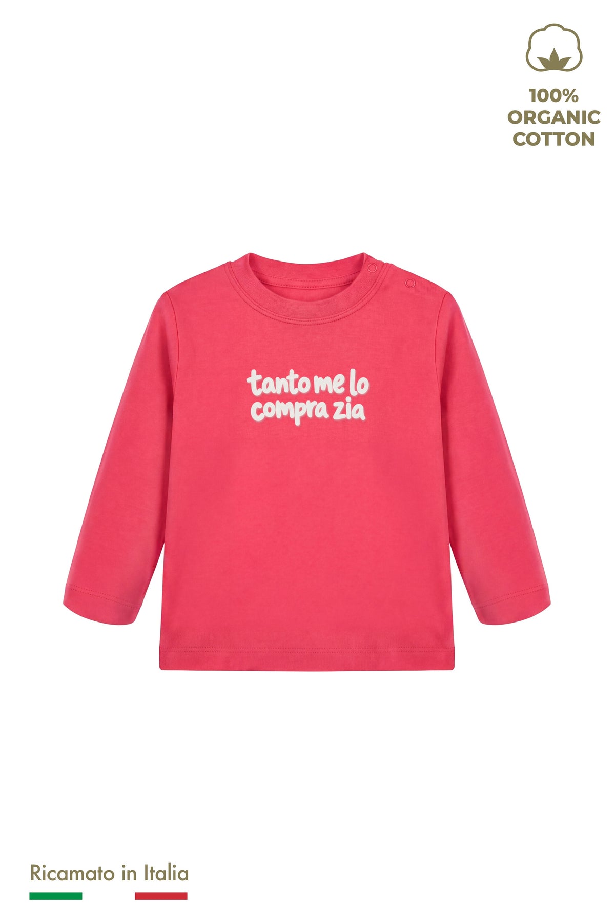 Maglia manica lunga neonato rossa con ricamo bianco "tanto me lo compra zia", vista frontale