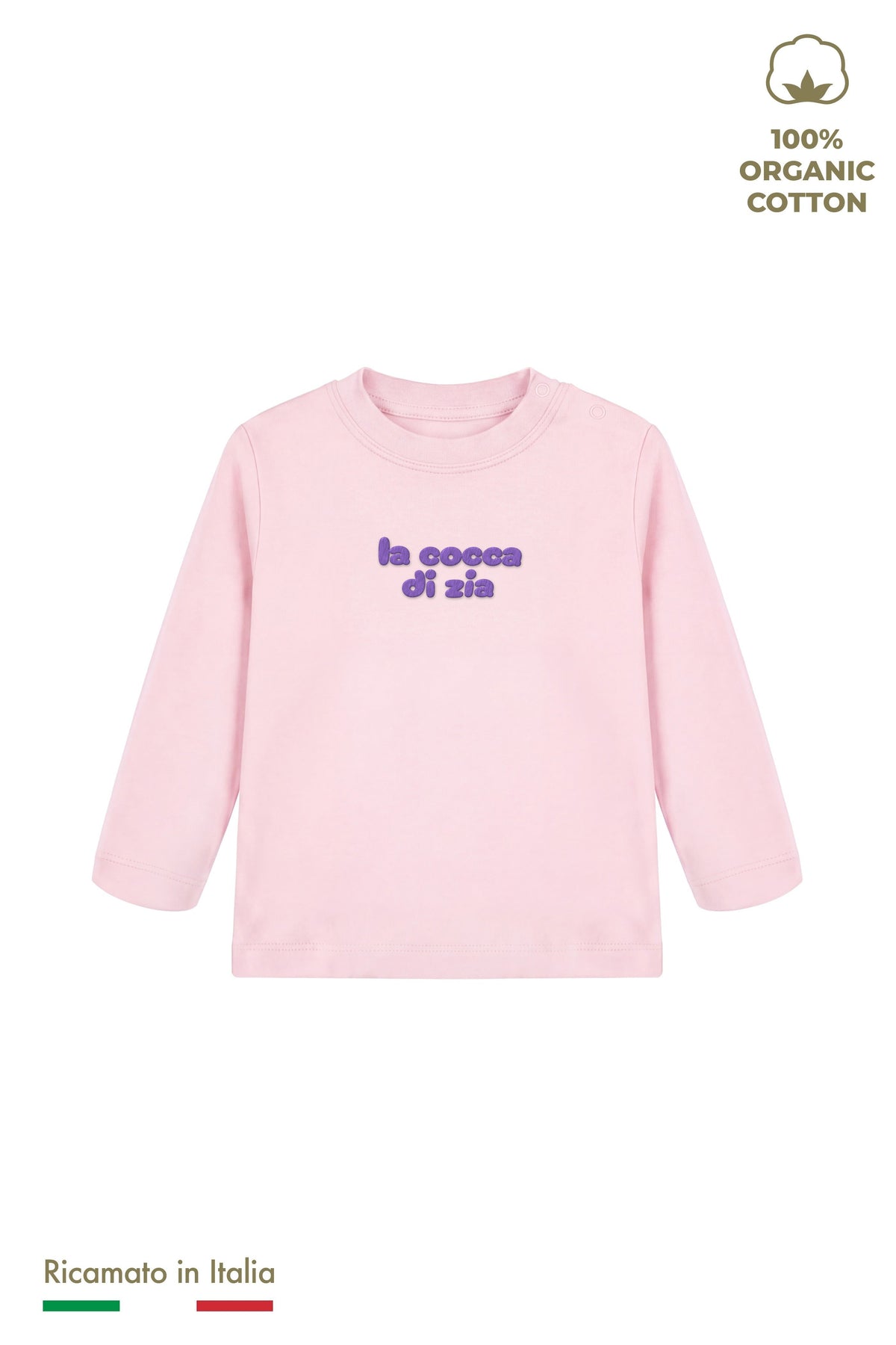 Maglia manica lunga neonata rosa con ricamo lilla "la cocca di zia", vista frontale