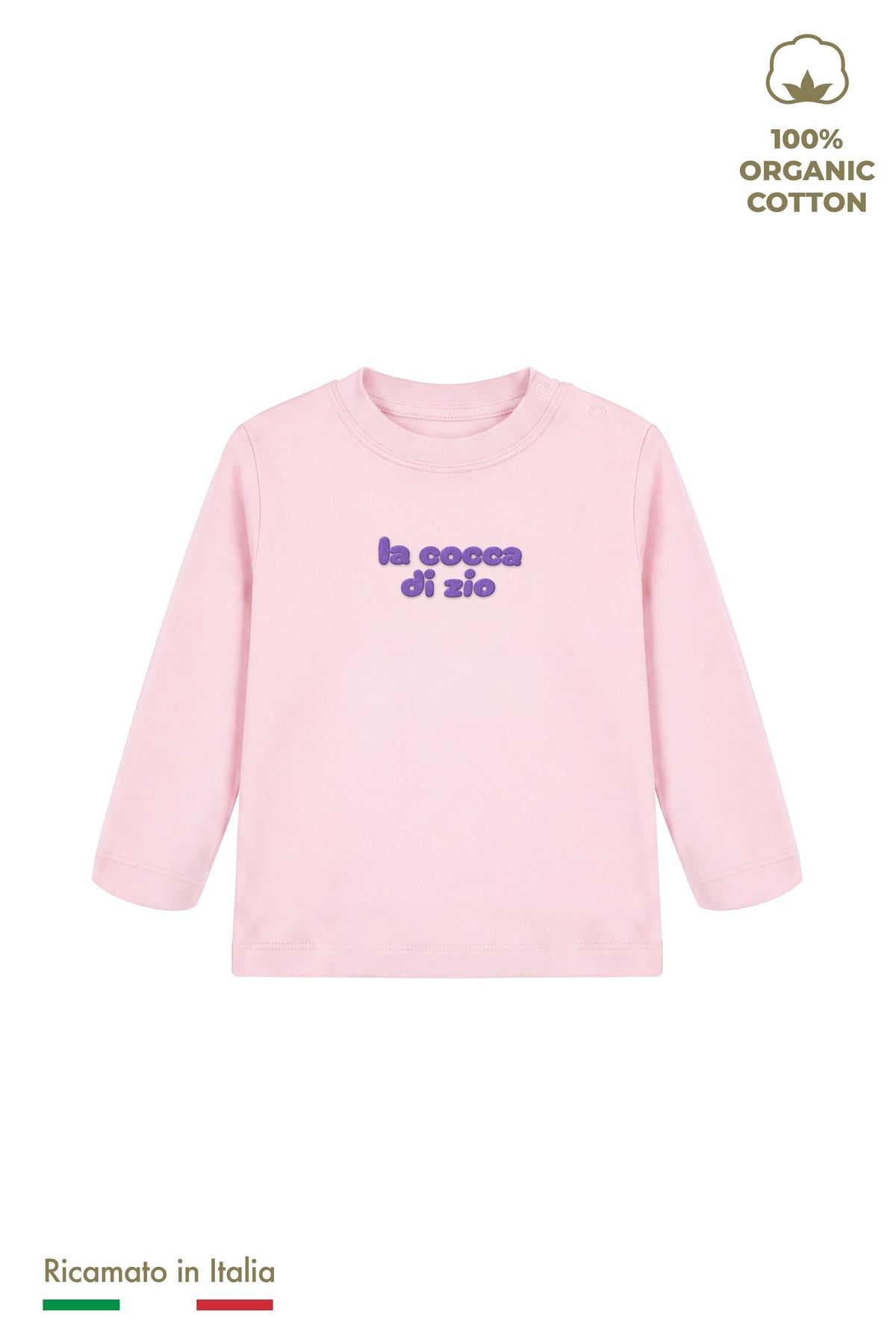 Maglia manica lunga neonata rosa con ricamo lilla "la cocca di zio", vista frontale