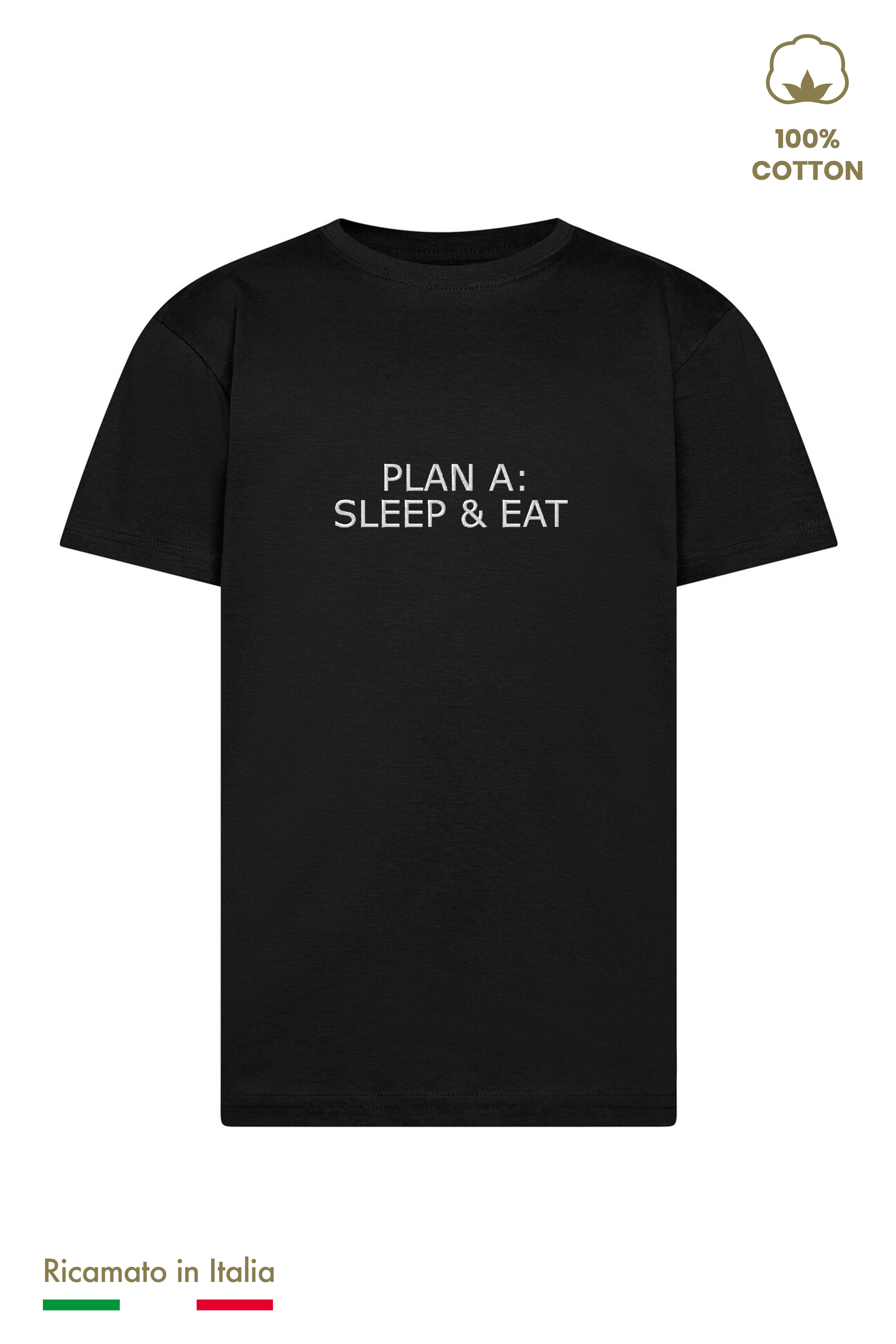 T-shirt bambino nera con ricamo Plan A: Sleep & Eat in filo panna
