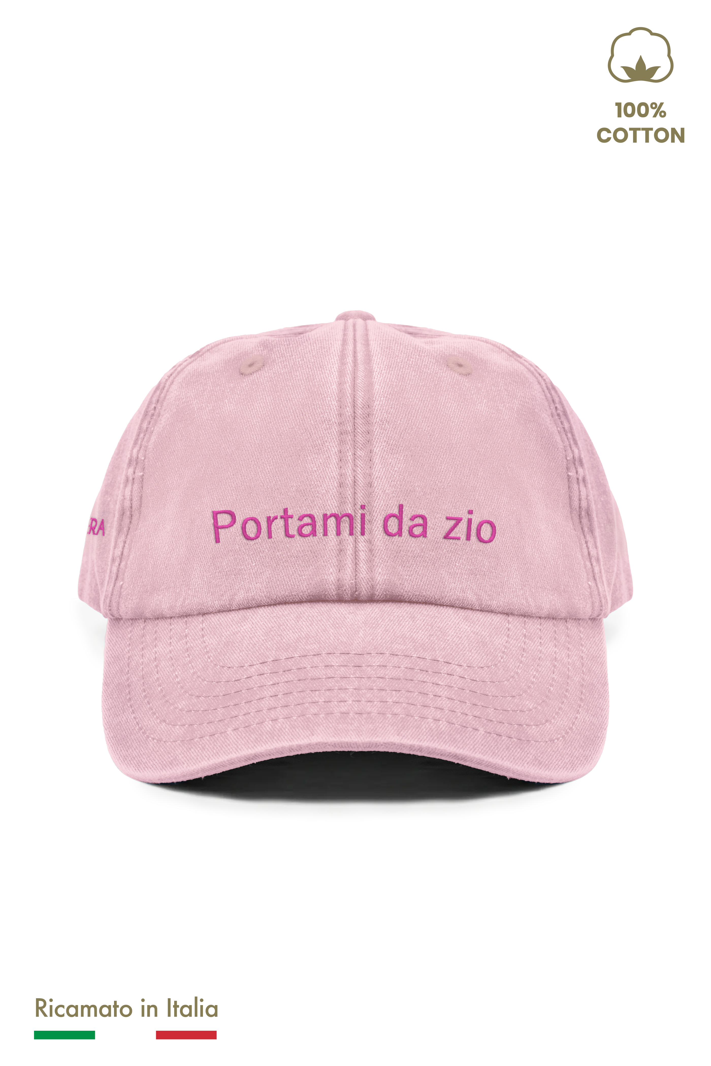 Cappellino ricamato bambina vintage rosa con scritta Portami da zio, vista frontale