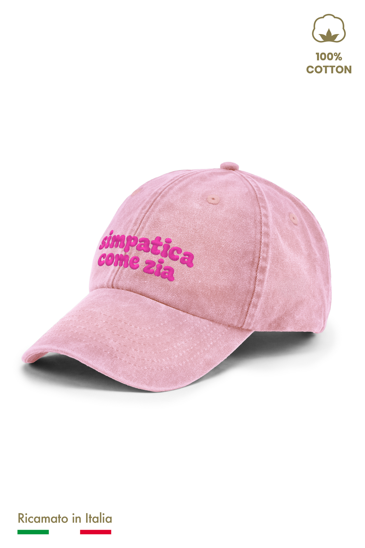 Cappellino vintage bambina rosa con ricamo fucsia "simpatica come zio" - vista laterale