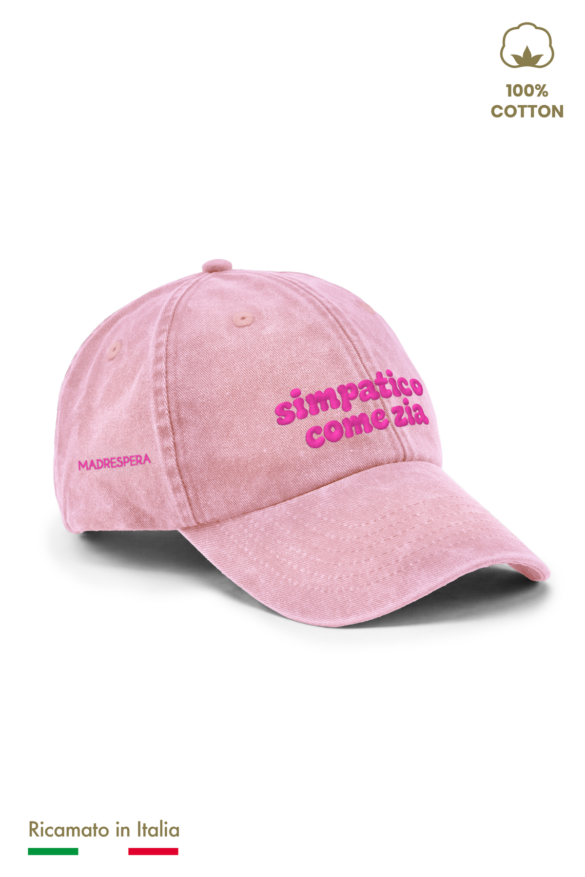 Cappellino vintage bambino rosa con ricamo fucsia "simpatico come zia" - vista laterale con logo MADRESPERA