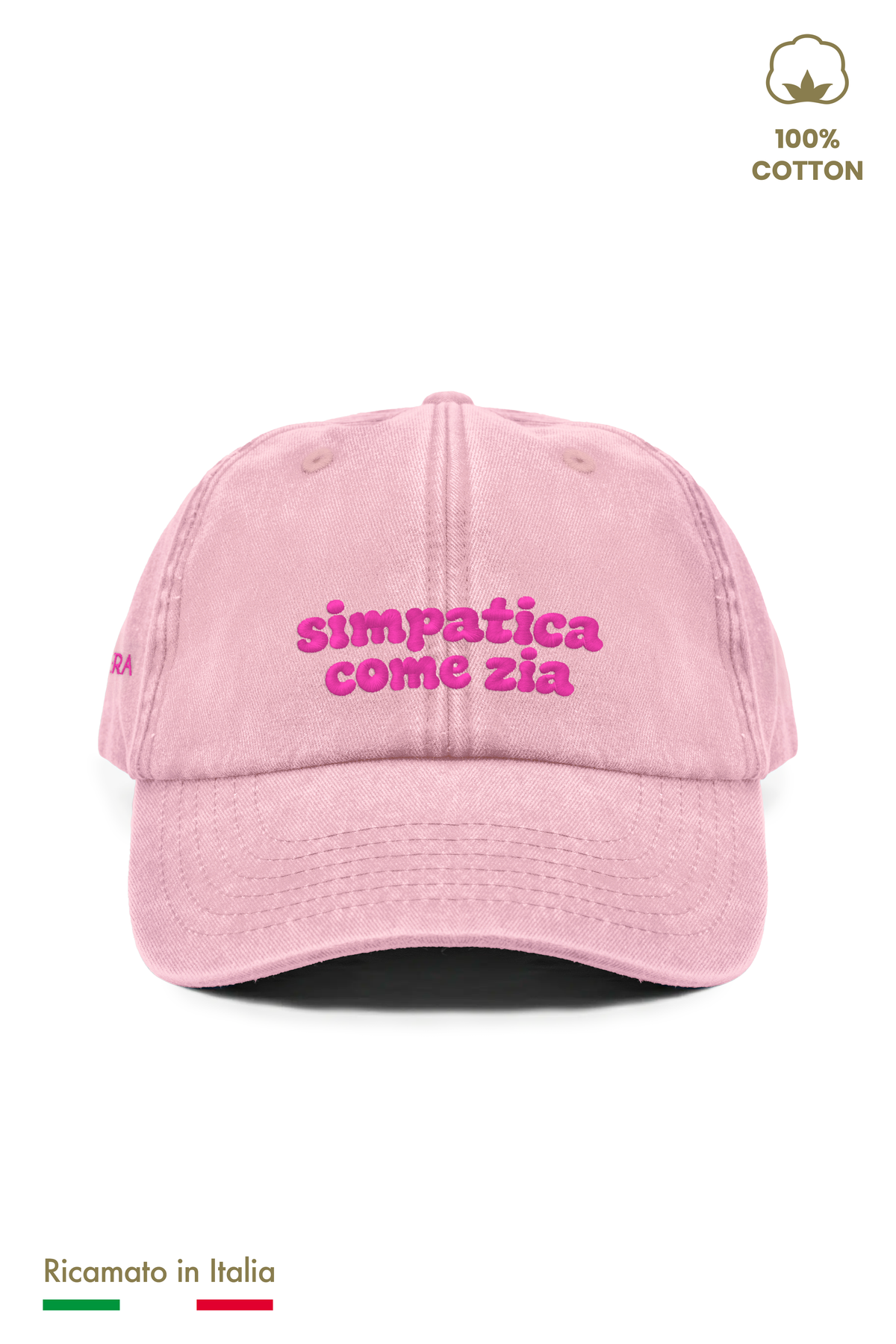 Cappellino vintage bambina rosa con ricamo fucsia "simpatica come zia" - vista frontale