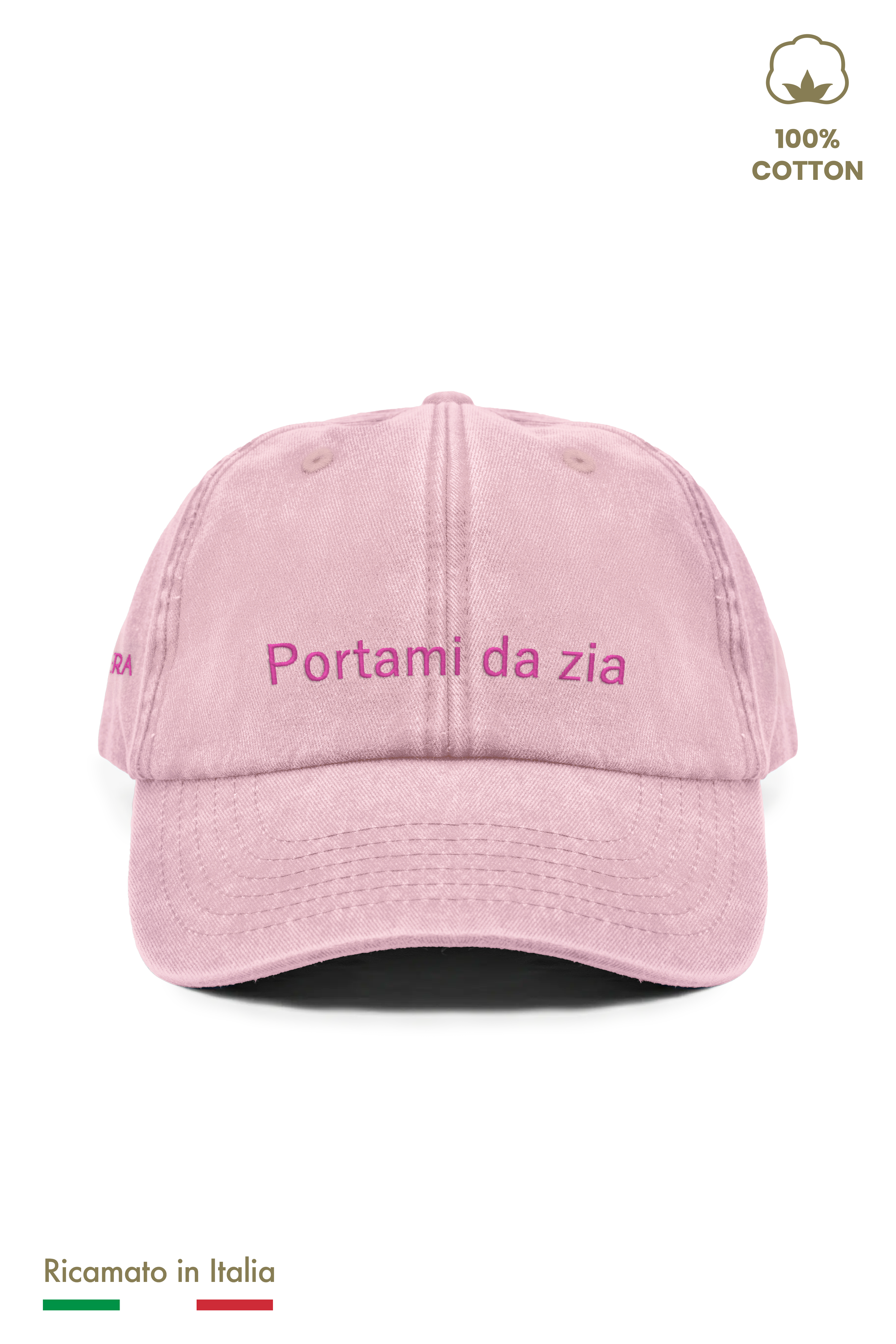 Cappellino ricamato bambina vintage rosa con scritta Portami da zia, vista frontale