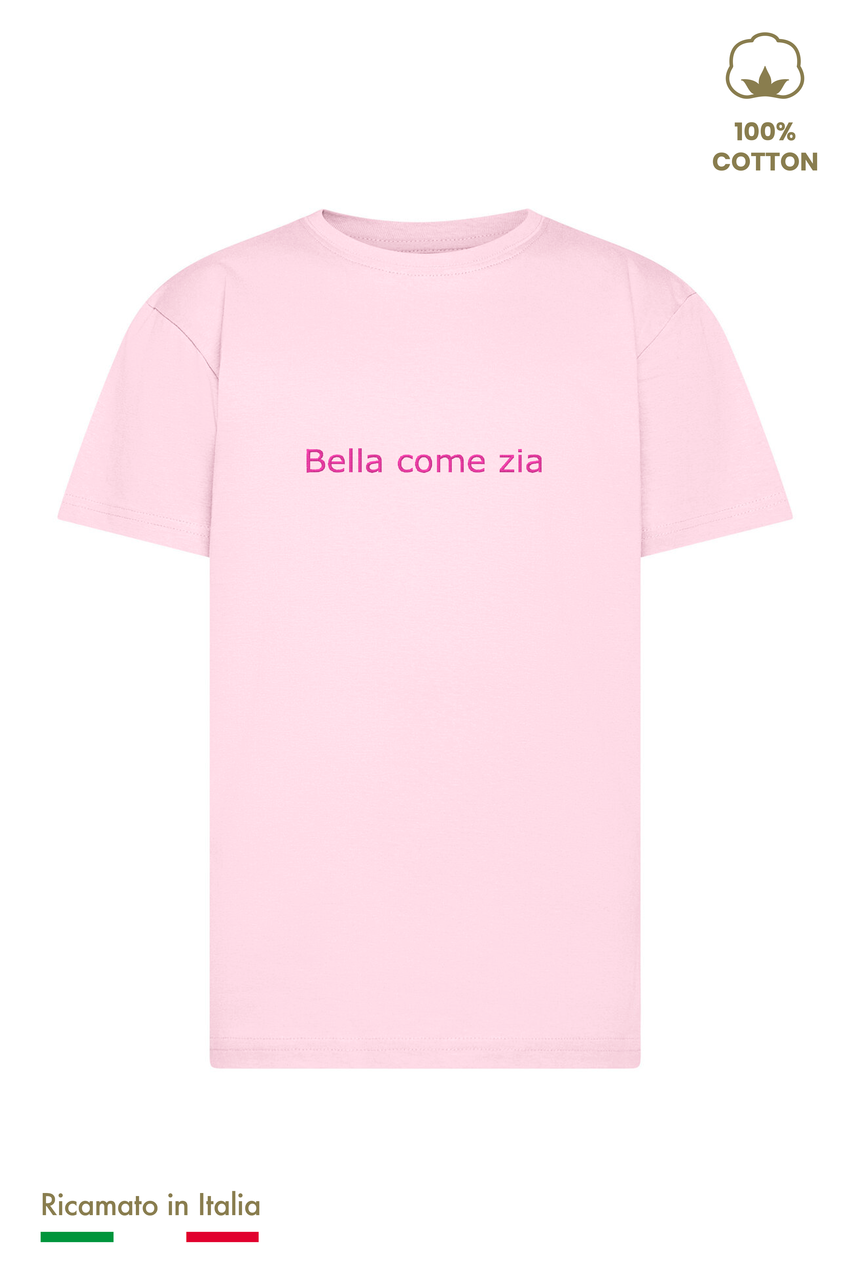 T-shirt bambina rosa con ricamo fucsia "Bella come zia", 100% cotone, vista frontale